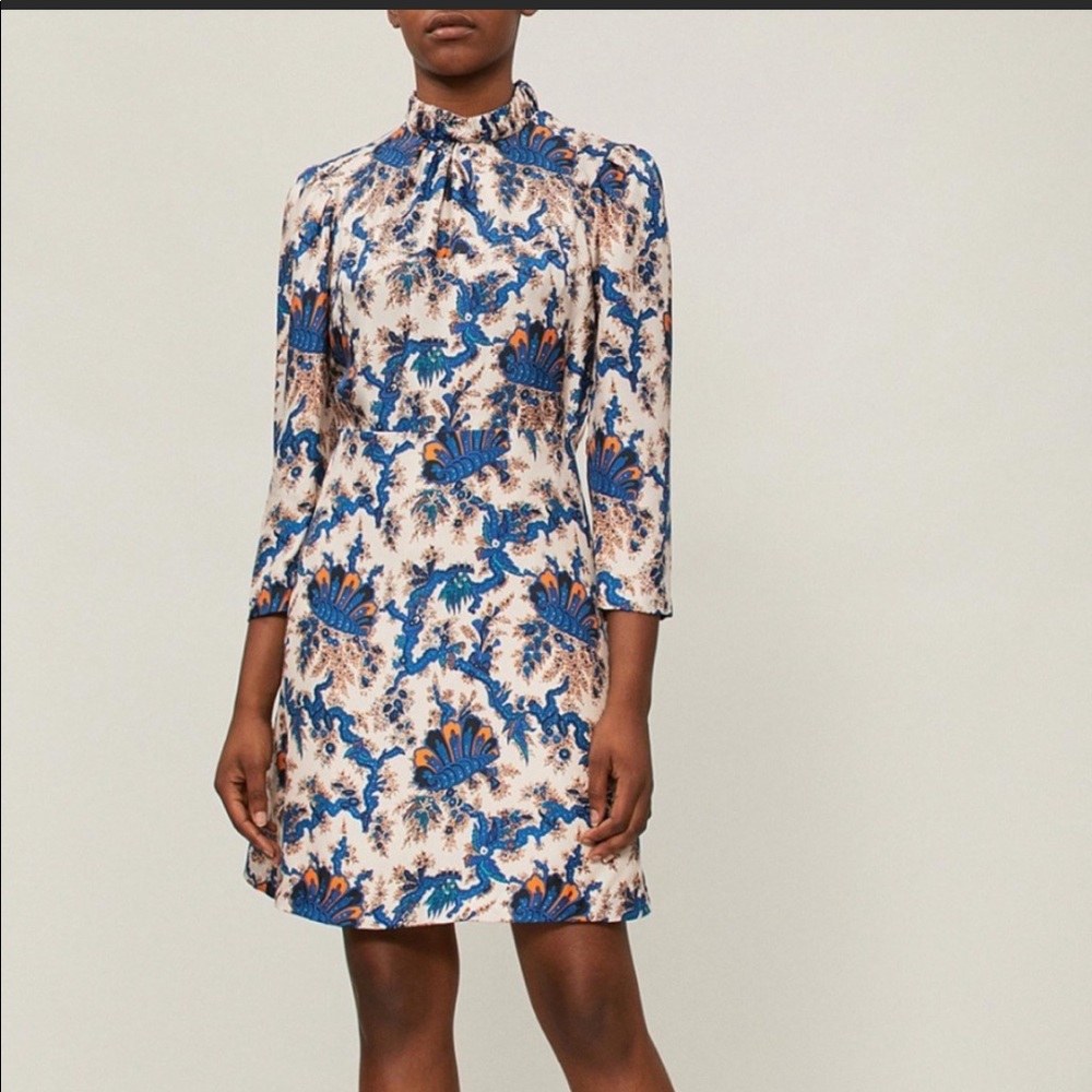 Sandro Utopique High Neck Silk Print Dress. Size 36.